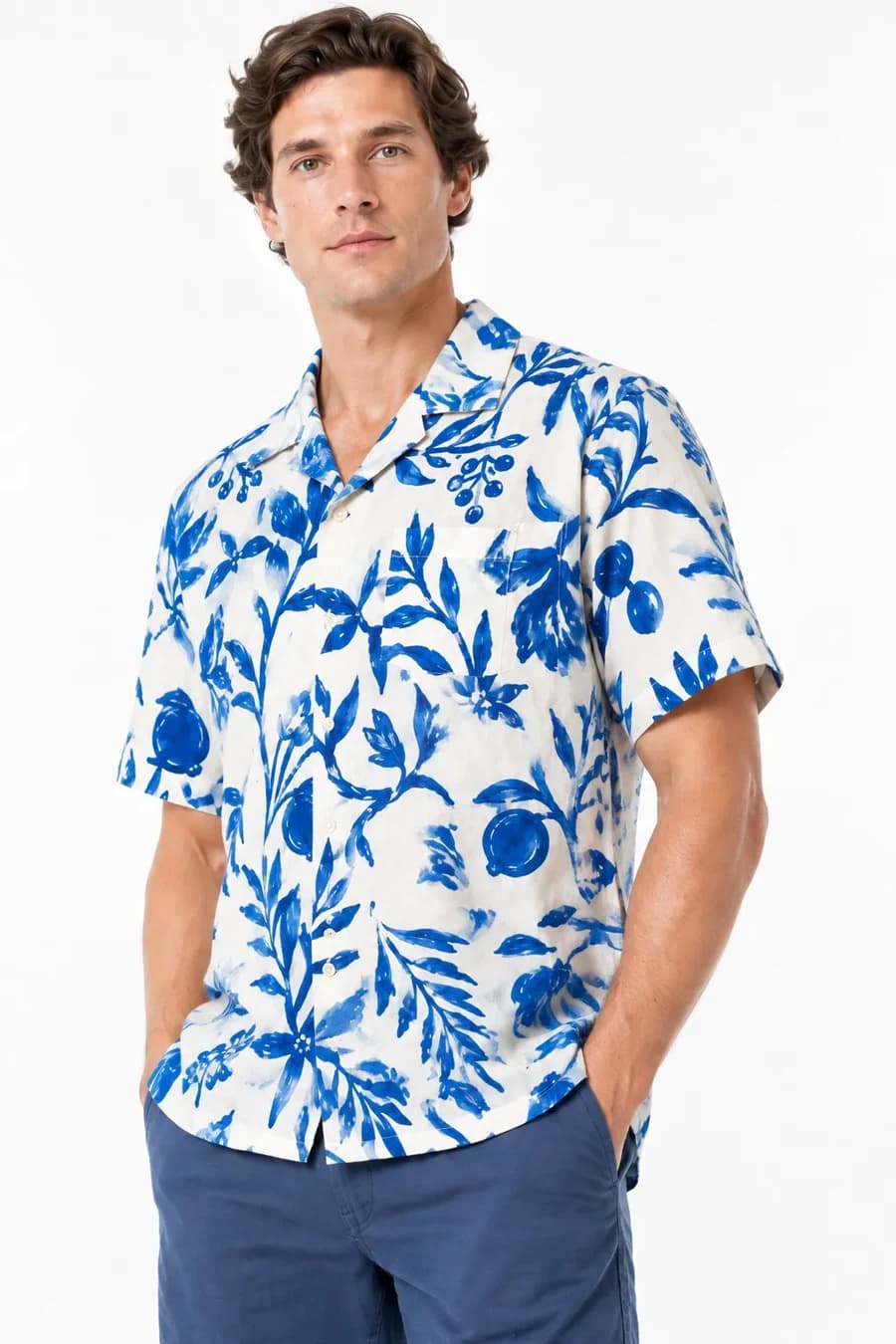 Example brand composition featuring a generated botanical-shirt model photo