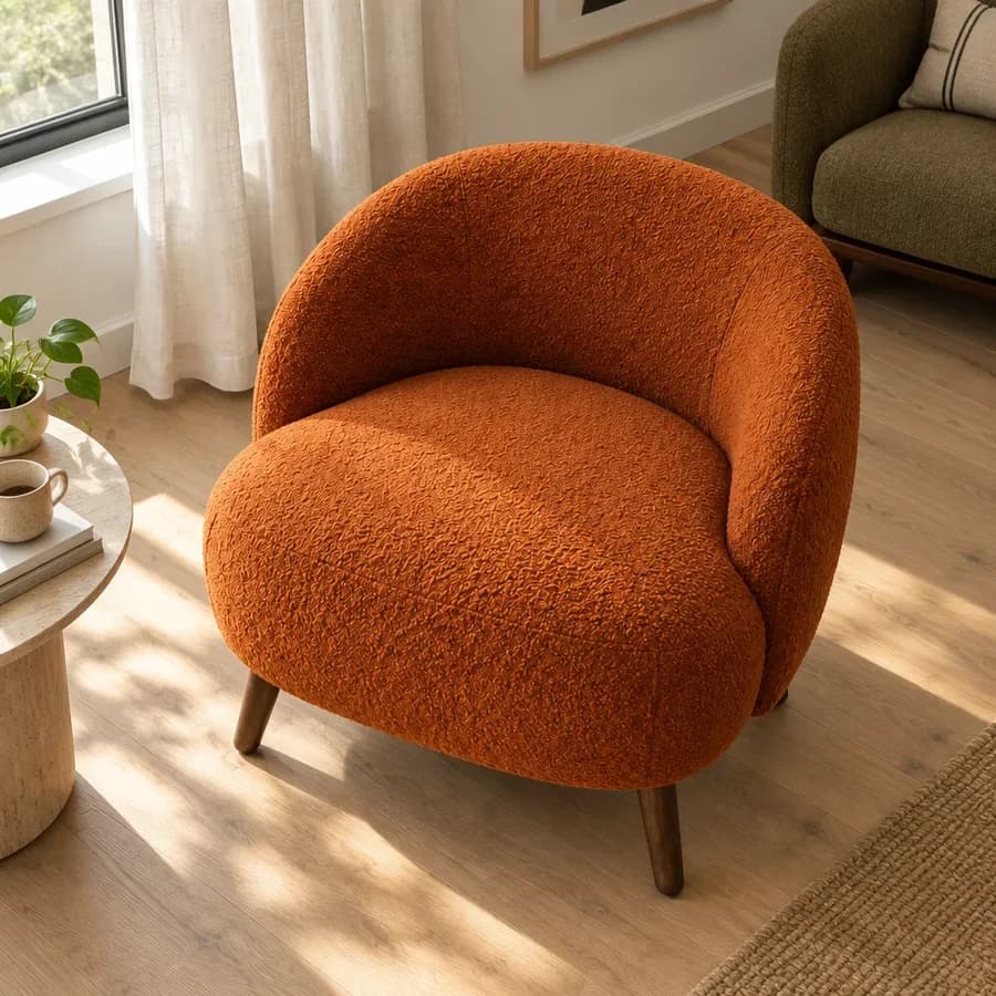 Example neutral brand composition featuring a generated boucle-chair image
