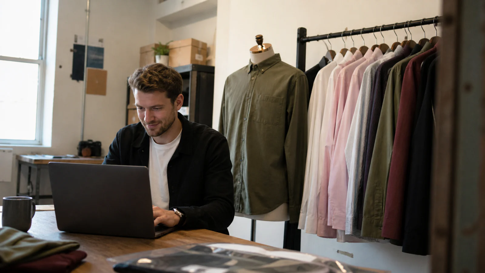 Mend apparel team member working on a laptop beside a shirt mannequin and a rack of catalog garments
