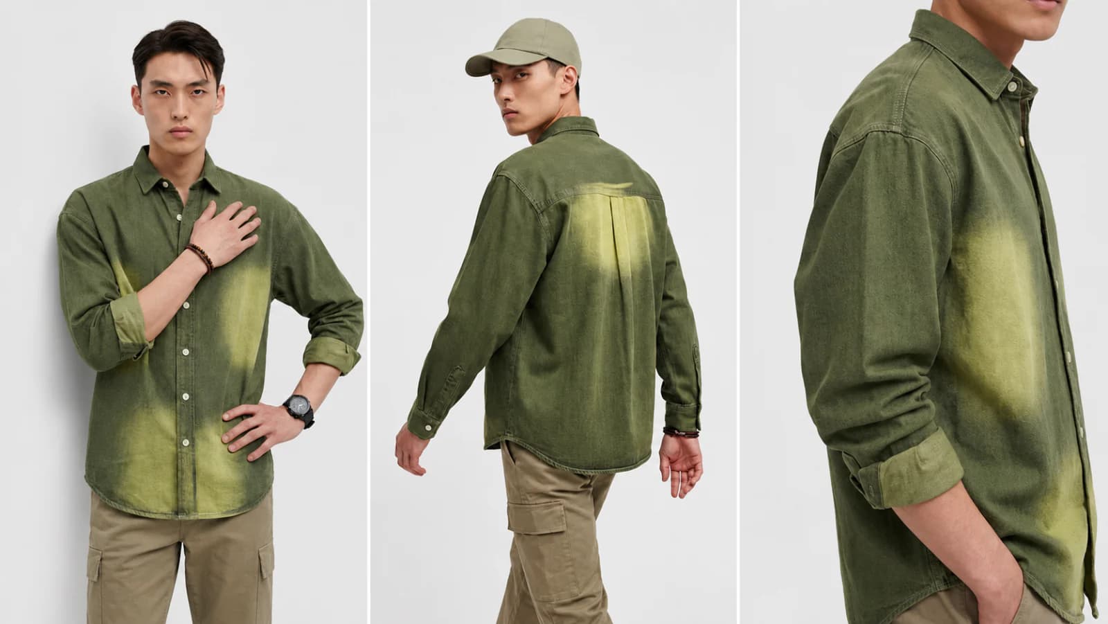Front, back and shoulder-detail views demonstrating Mend's Rio drop-shoulder shirt fit
