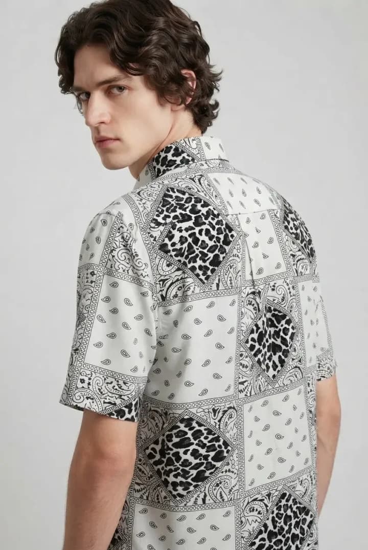 Generated back view of a model wearing the black-and-white bandana patchwork shirt