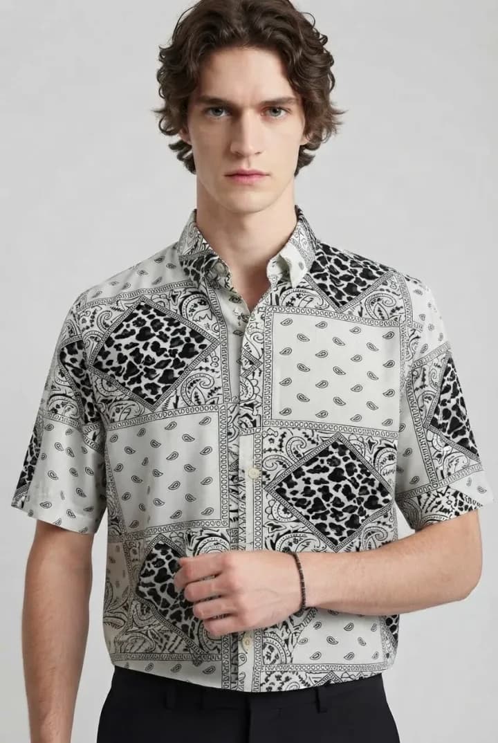Generated close model crop of the black-and-white bandana patchwork shirt