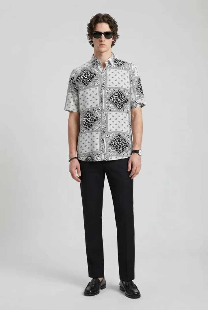 Generated full-length model image wearing the black-and-white bandana patchwork shirt