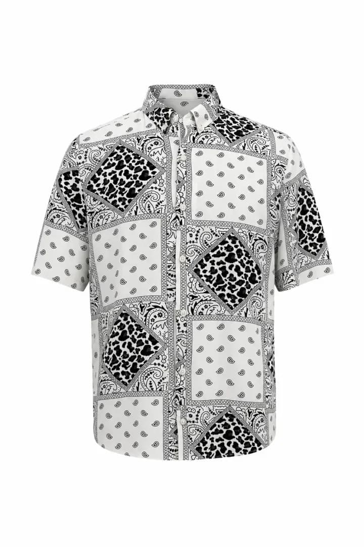 Generated ghost mannequin image of the black-and-white bandana patchwork shirt
