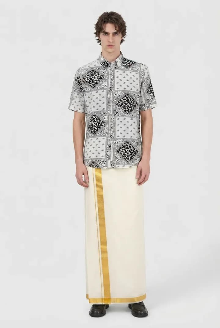 Generated styled full-length model image wearing the black-and-white bandana patchwork shirt