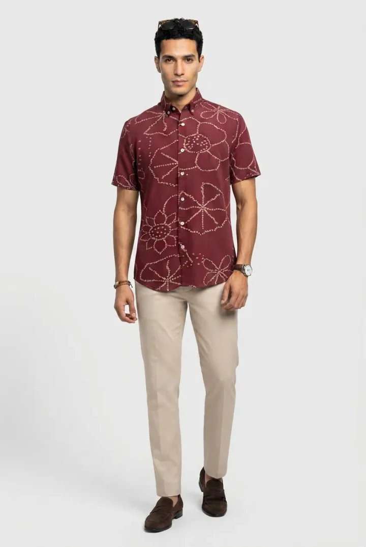 Generated full-length model image wearing the burgundy floral-print shirt