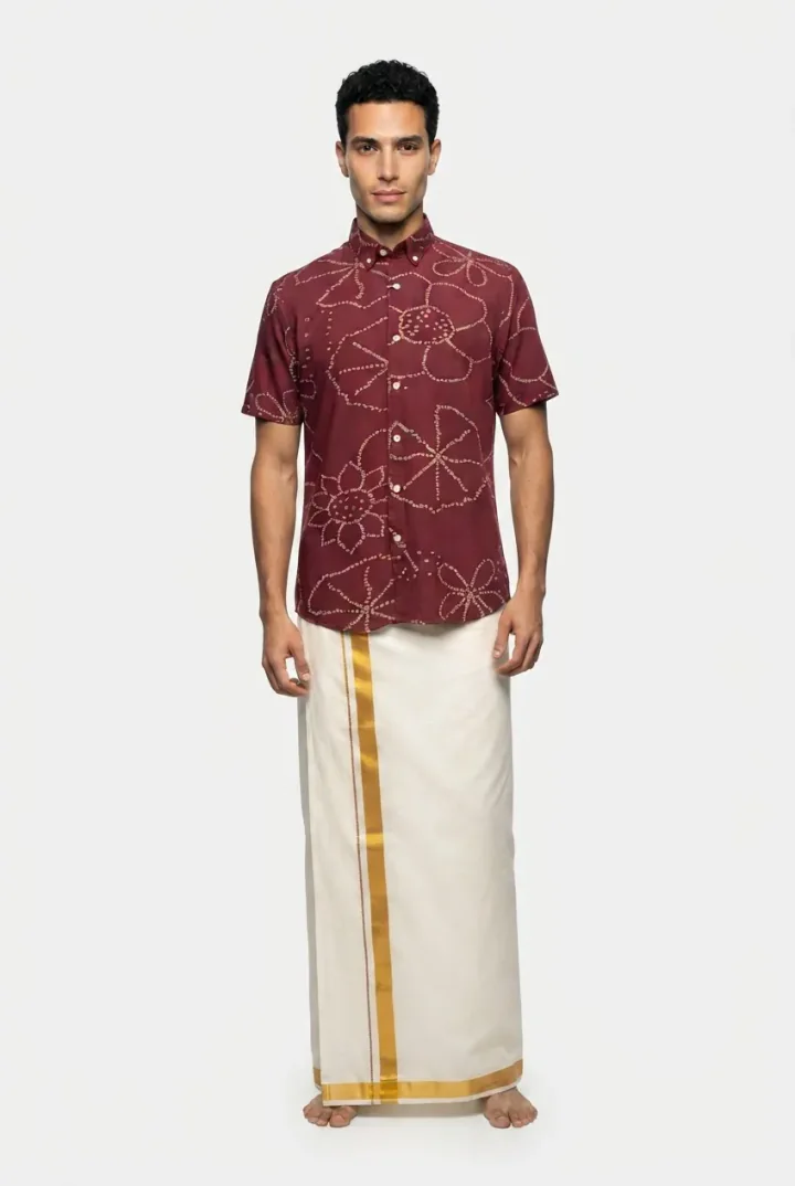 Generated styled full-length model image wearing the burgundy floral-print shirt