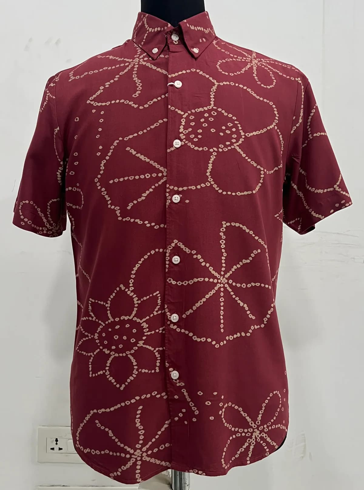 Front raw reference of a burgundy floral-print shirt