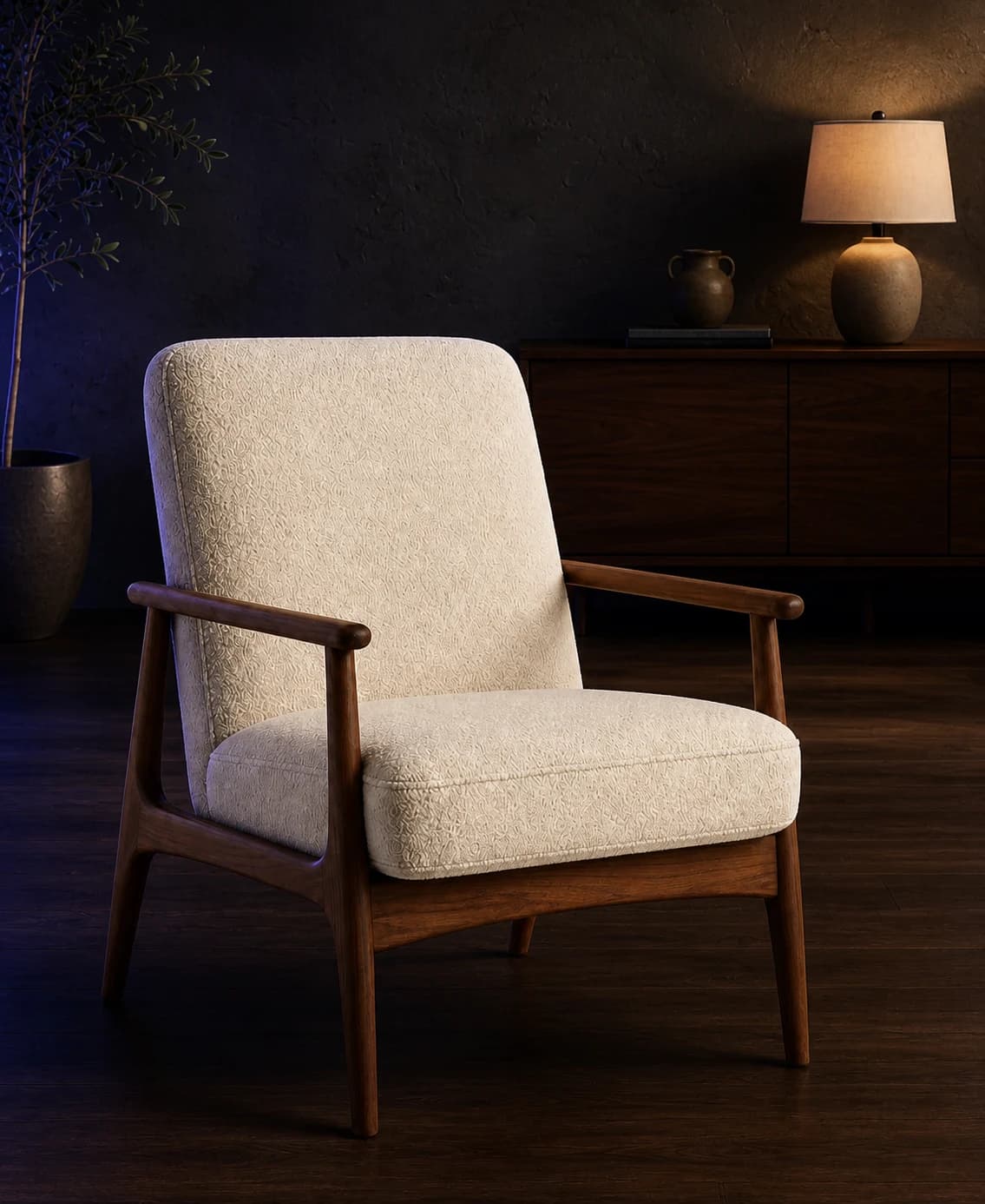 An upholstered lounge chair shown in a styled interior demonstration