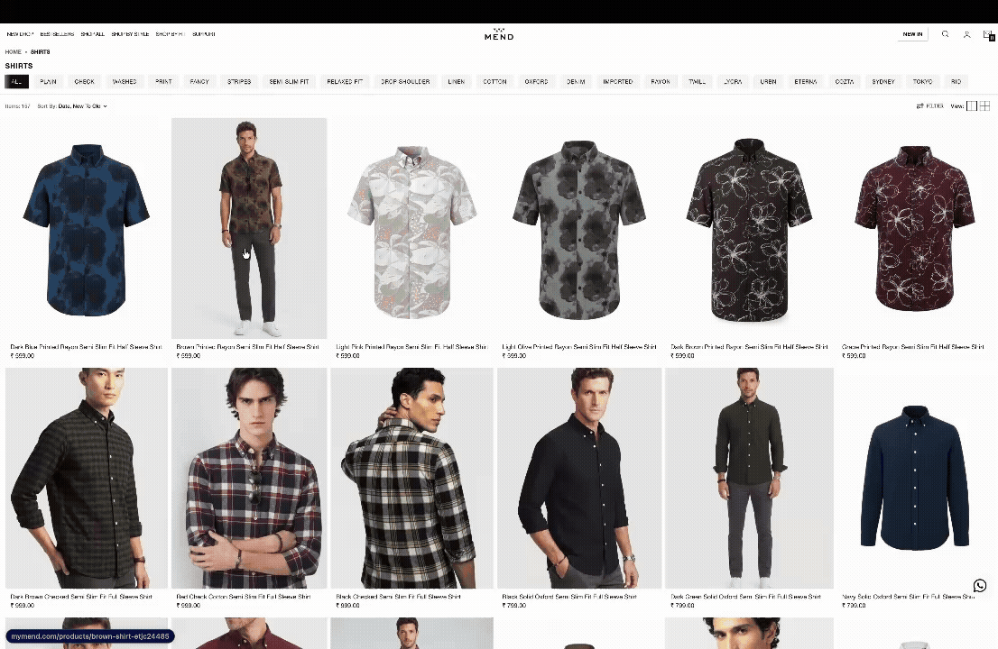 Animated screen recording scrolling through Mend's apparel catalog